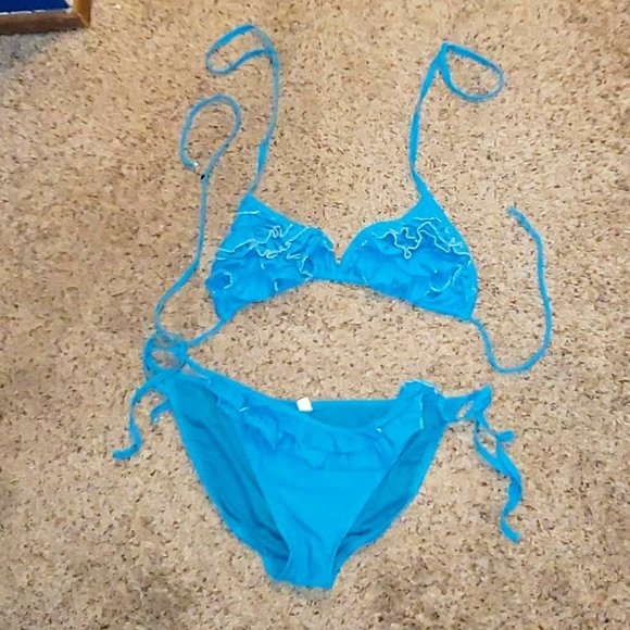 Turquoise Bikini w Silver Ruffle Detail Large - Picture 1 of 6